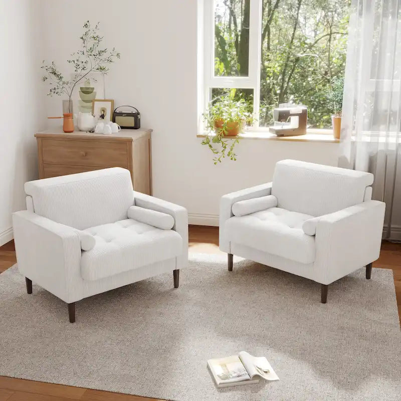 Ensemble de 2 fauteuils d'appoint surdimensionnés en tissu velours côtelé avec pieds en bois