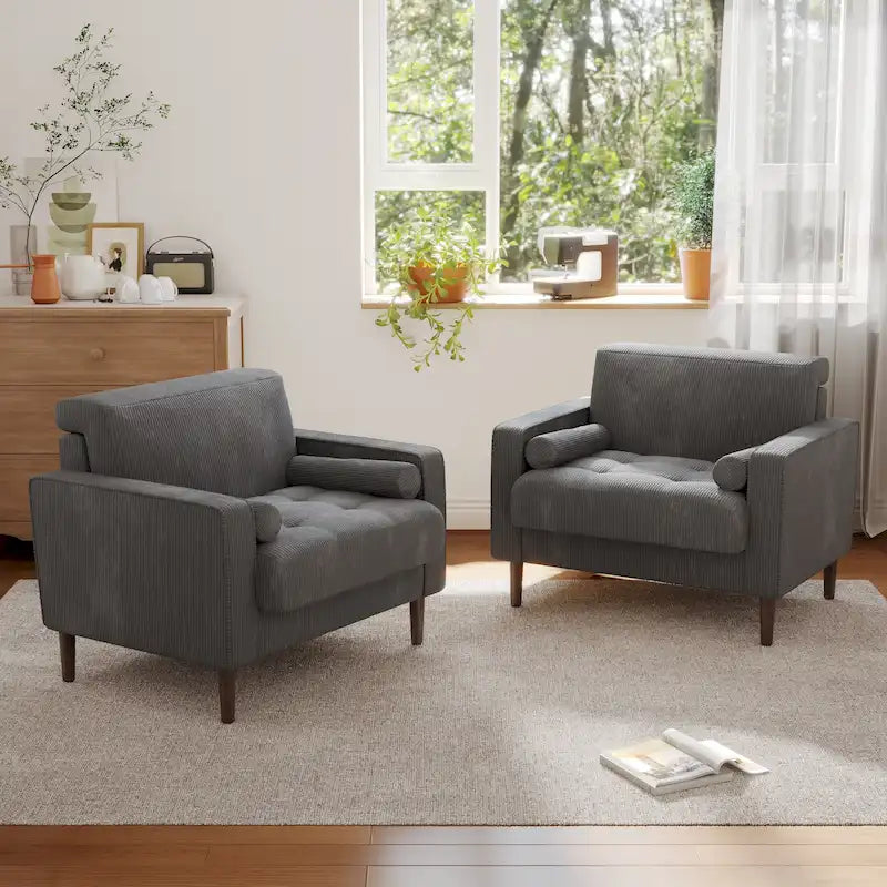 Ensemble de 2 fauteuils d'appoint surdimensionnés en tissu velours côtelé avec pieds en bois