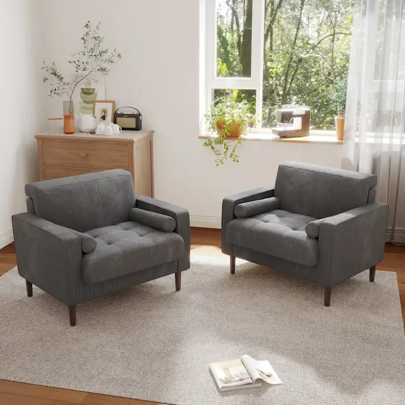 Ensemble de 2 fauteuils d'appoint surdimensionnés en tissu velours côtelé avec pieds en bois