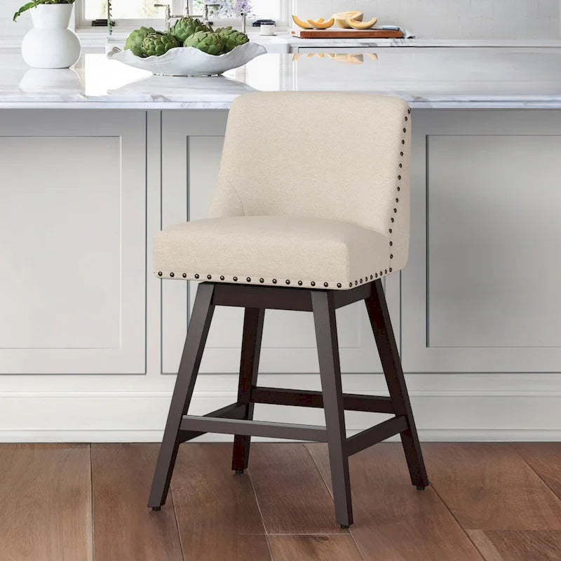 Tabourets de bar pivotants COZYMAN 26 po, structure moderne en bois, revêtement en tissu/similicuir, tabourets d'îlot rembourrés