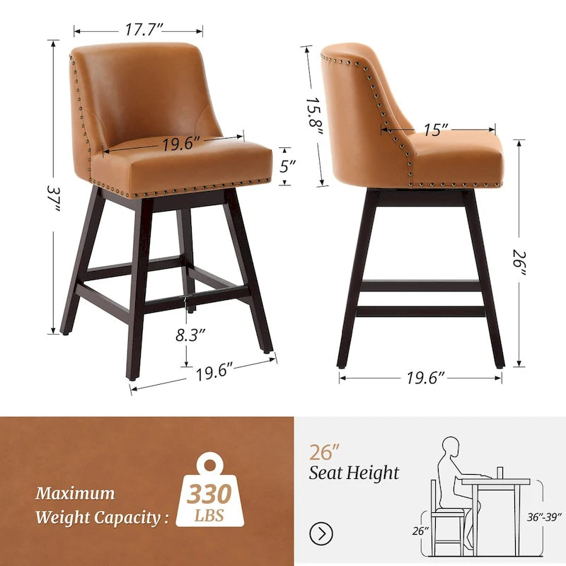 Tabourets de bar pivotants COZYMAN 26 po, structure moderne en bois, revêtement en tissu/similicuir, tabourets d'îlot rembourrés