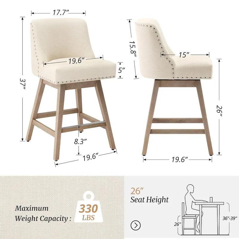Tabourets de bar pivotants COZYMAN 26 po, structure moderne en bois, revêtement en tissu/similicuir, tabourets d'îlot rembourrés