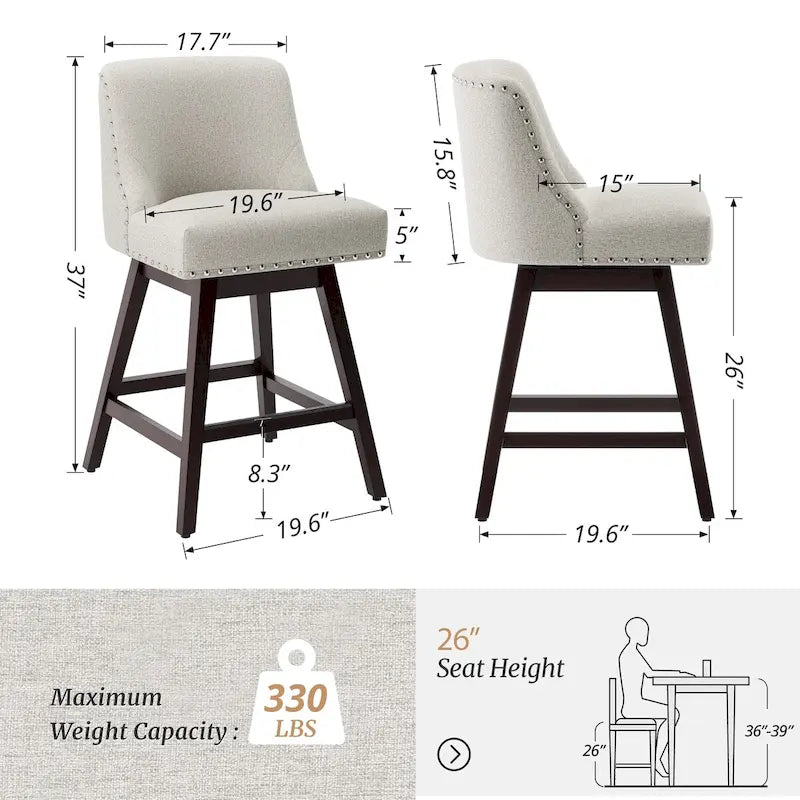 Tabourets de bar pivotants COZYMAN 26 po, structure moderne en bois, revêtement en tissu/similicuir, tabourets d'îlot rembourrés