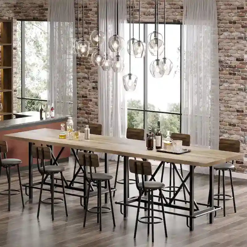 Table de bar haute pour 6 personnes avec repose-pieds, plateau en bois épais et structure en métal pour la maison/cuisine