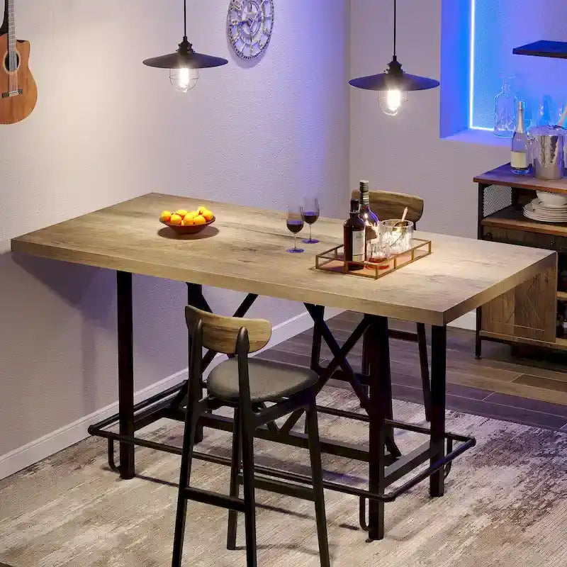 Table de bar haute pour 6 personnes avec repose-pieds, plateau en bois épais et structure en métal pour la maison/cuisine