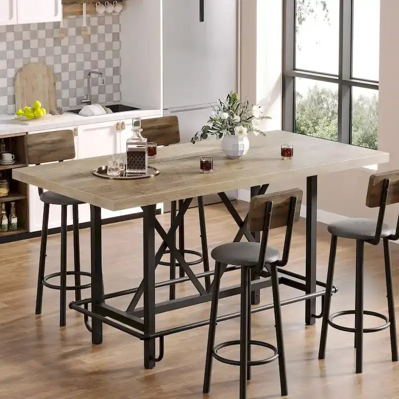 Table de bar haute pour 6 personnes avec repose-pieds, plateau en bois épais et structure en métal pour la maison/cuisine