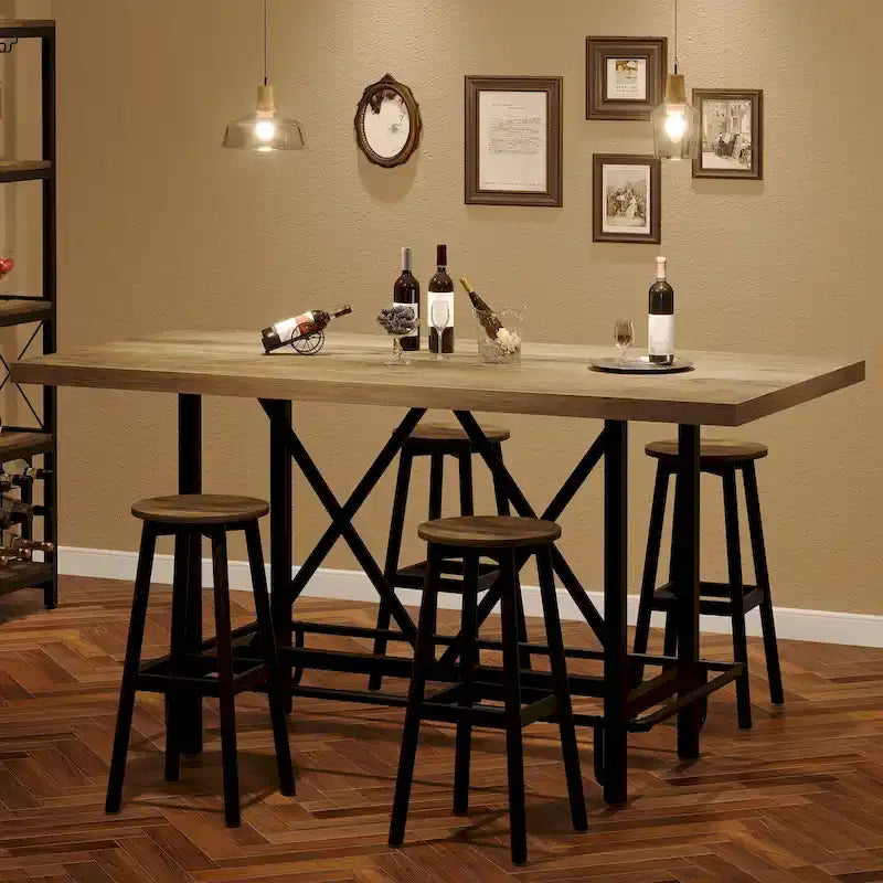 Table de bar haute pour 6 personnes avec repose-pieds, plateau en bois épais et structure en métal pour la maison/cuisine