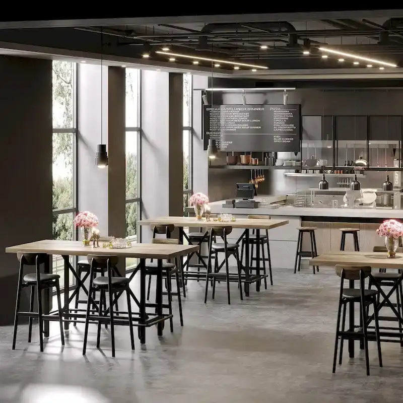 Table de bar haute pour 6 personnes avec repose-pieds, plateau en bois épais et structure en métal pour la maison/cuisine