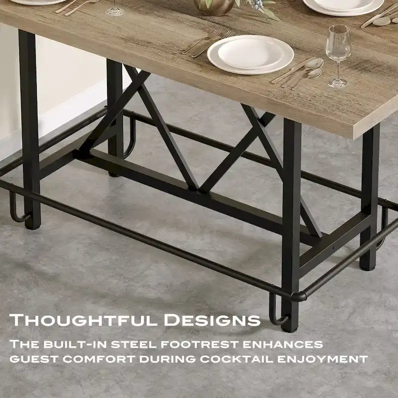 Table de bar haute pour 6 personnes avec repose-pieds, plateau en bois épais et structure en métal pour la maison/cuisine