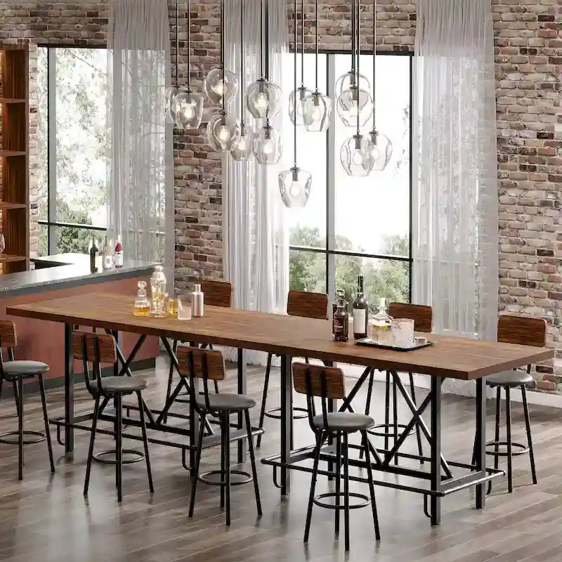 Table de bar haute pour 6 personnes avec repose-pieds, plateau en bois épais et structure en métal pour la maison/cuisine