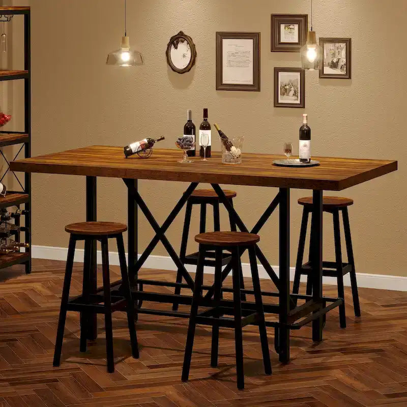 Table de bar haute pour 6 personnes avec repose-pieds, plateau en bois épais et structure en métal pour la maison/cuisine