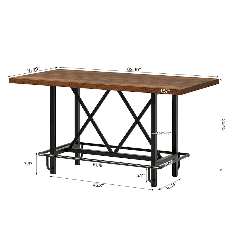 Table de bar haute pour 6 personnes avec repose-pieds, plateau en bois épais et structure en métal pour la maison/cuisine