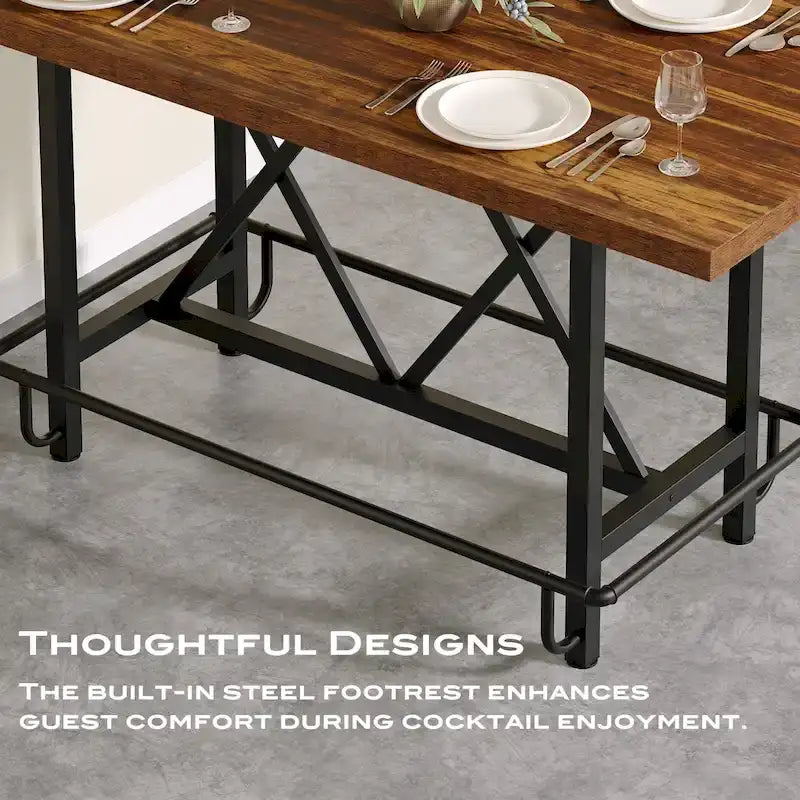 Table de bar haute pour 6 personnes avec repose-pieds, plateau en bois épais et structure en métal pour la maison/cuisine