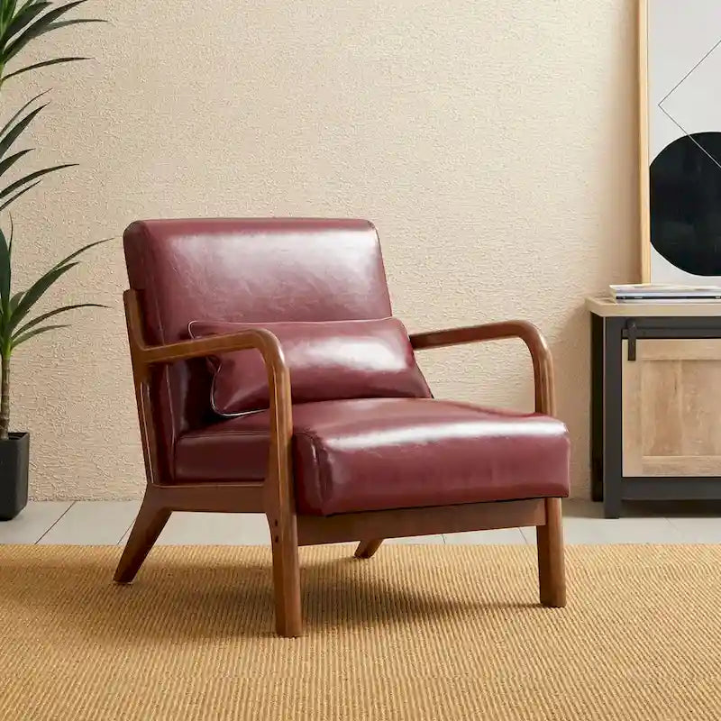 Fauteuil d'appoint Glitzhome style moderne mi-siècle en similicuir avec coussin - 65,4 cm (L) x 85,7 cm (P) x 78,1 cm (H)