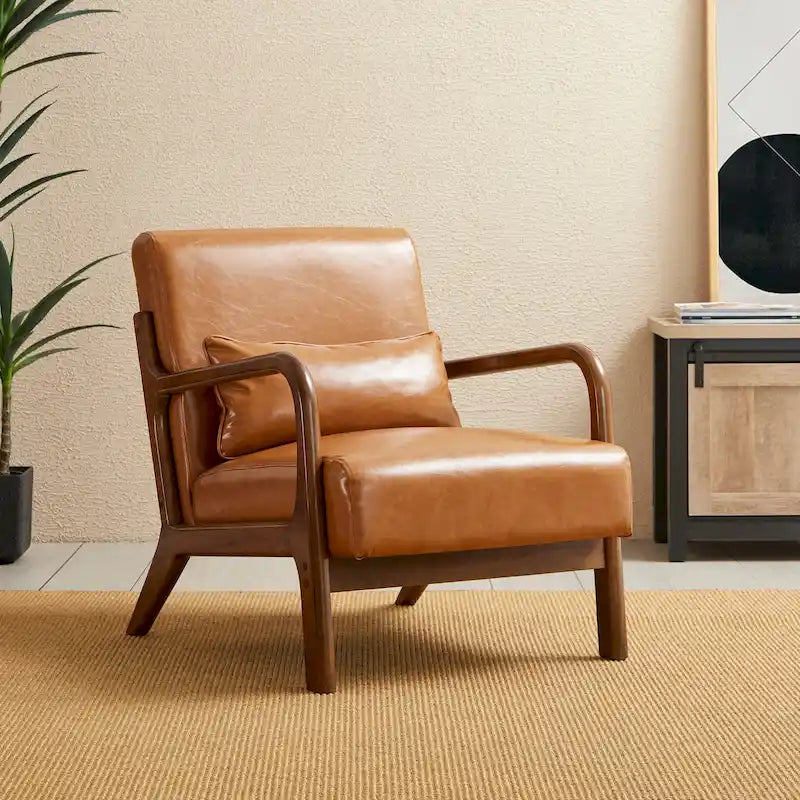 Fauteuil d'appoint Glitzhome style moderne mi-siècle en similicuir avec coussin - 65,4 cm (L) x 85,7 cm (P) x 78,1 cm (H)
