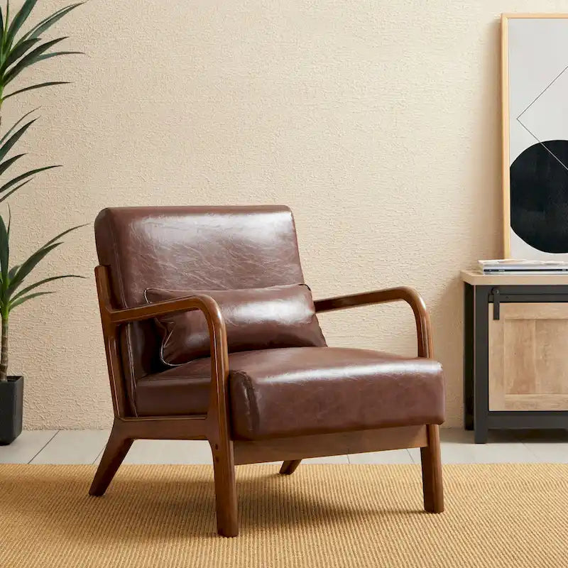 Fauteuil d'appoint Glitzhome style moderne mi-siècle en similicuir avec coussin - 65,4 cm (L) x 85,7 cm (P) x 78,1 cm (H)