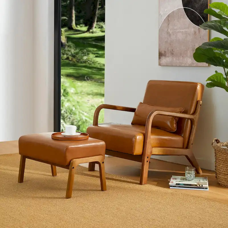 Fauteuil d'appoint Glitzhome style moderne mi-siècle en similicuir avec coussin - 65,4 cm (L) x 85,7 cm (P) x 78,1 cm (H)