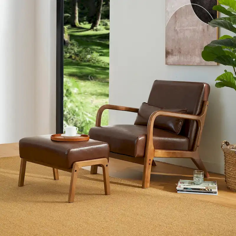Fauteuil d'appoint Glitzhome style moderne mi-siècle en similicuir avec coussin - 65,4 cm (L) x 85,7 cm (P) x 78,1 cm (H)