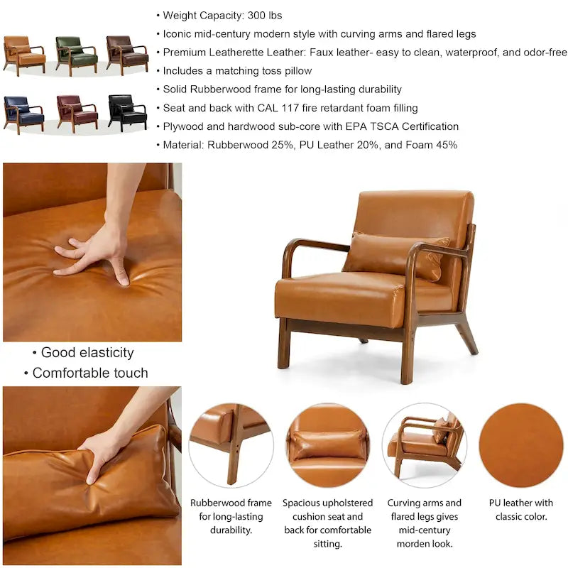 Fauteuil d'appoint Glitzhome style moderne mi-siècle en similicuir avec coussin - 65,4 cm (L) x 85,7 cm (P) x 78,1 cm (H)