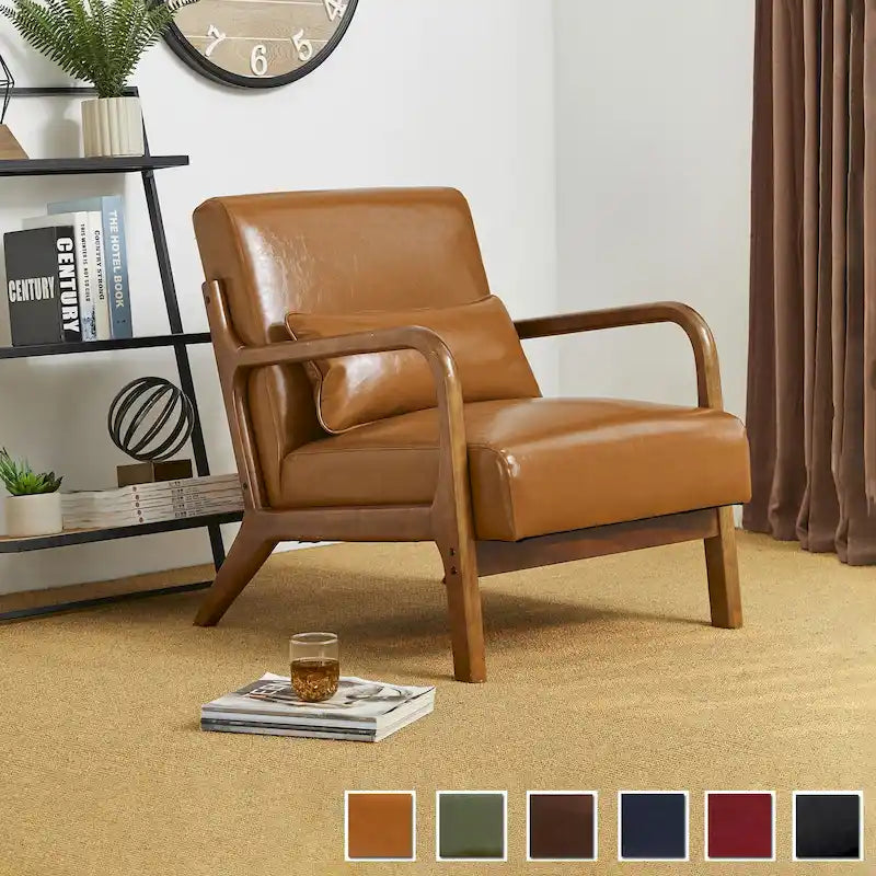Fauteuil d'appoint Glitzhome style moderne mi-siècle en similicuir avec coussin - 65,4 cm (L) x 85,7 cm (P) x 78,1 cm (H)