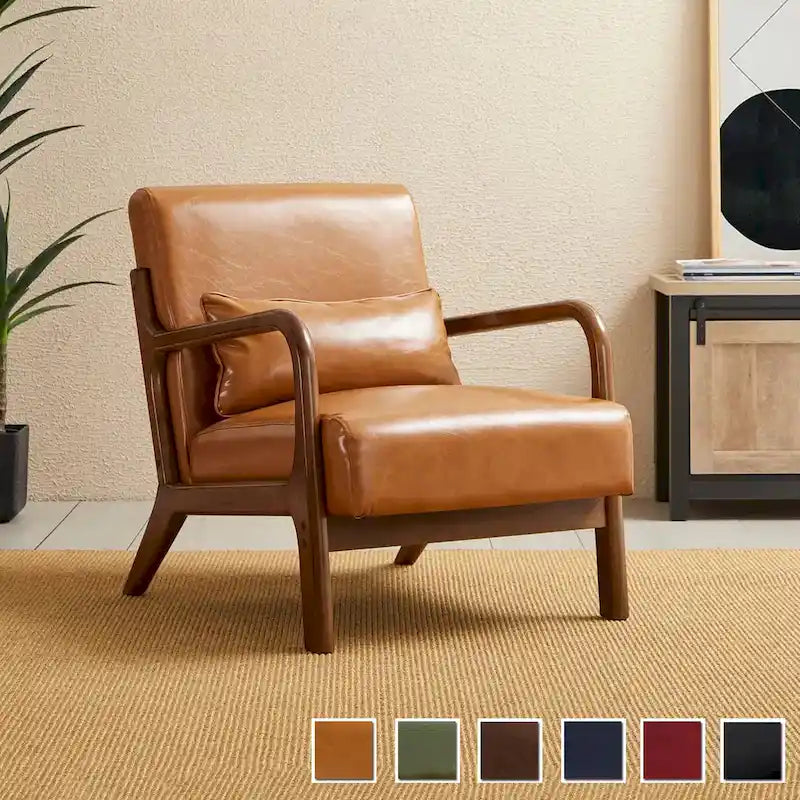Fauteuil d'appoint Glitzhome style moderne mi-siècle en similicuir avec coussin - 65,4 cm (L) x 85,7 cm (P) x 78,1 cm (H)