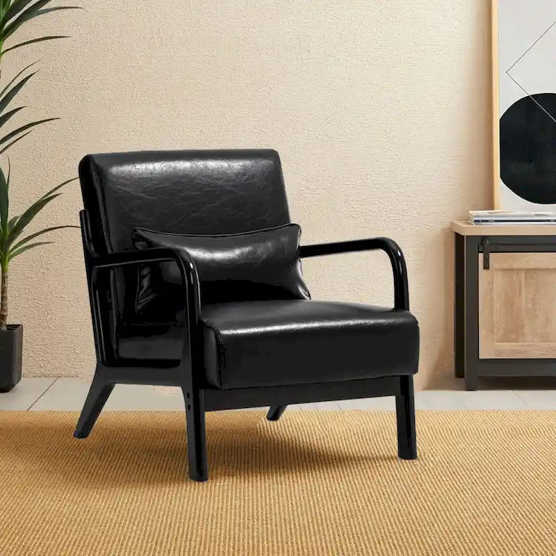 Fauteuil d'appoint Glitzhome style moderne mi-siècle en similicuir avec coussin - 65,4 cm (L) x 85,7 cm (P) x 78,1 cm (H)