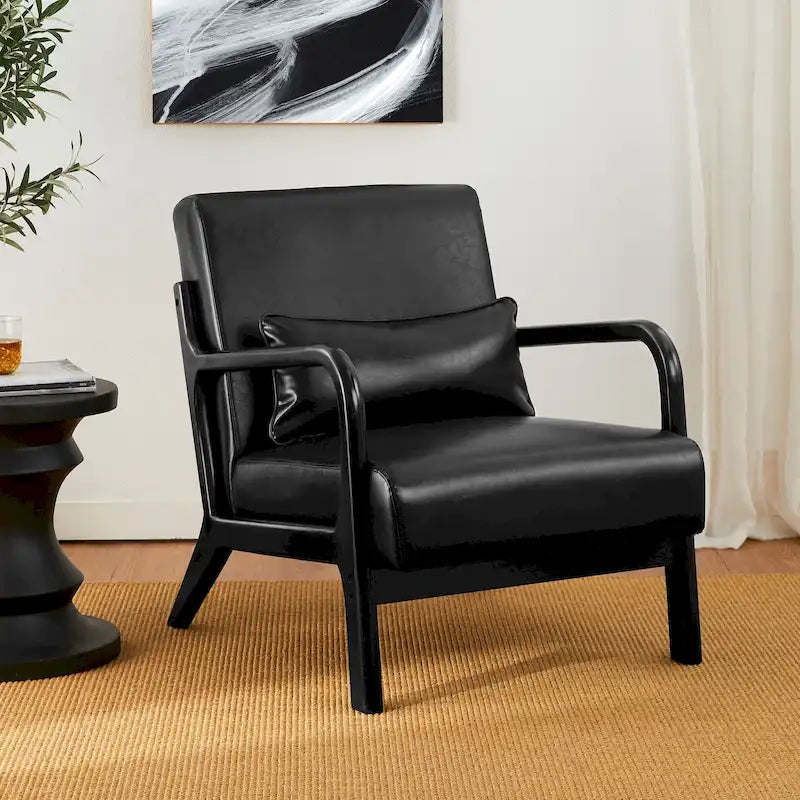 Fauteuil d'appoint Glitzhome style moderne mi-siècle en similicuir avec coussin - 65,4 cm (L) x 85,7 cm (P) x 78,1 cm (H)