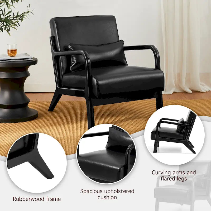 Fauteuil d'appoint Glitzhome style moderne mi-siècle en similicuir avec coussin - 65,4 cm (L) x 85,7 cm (P) x 78,1 cm (H)
