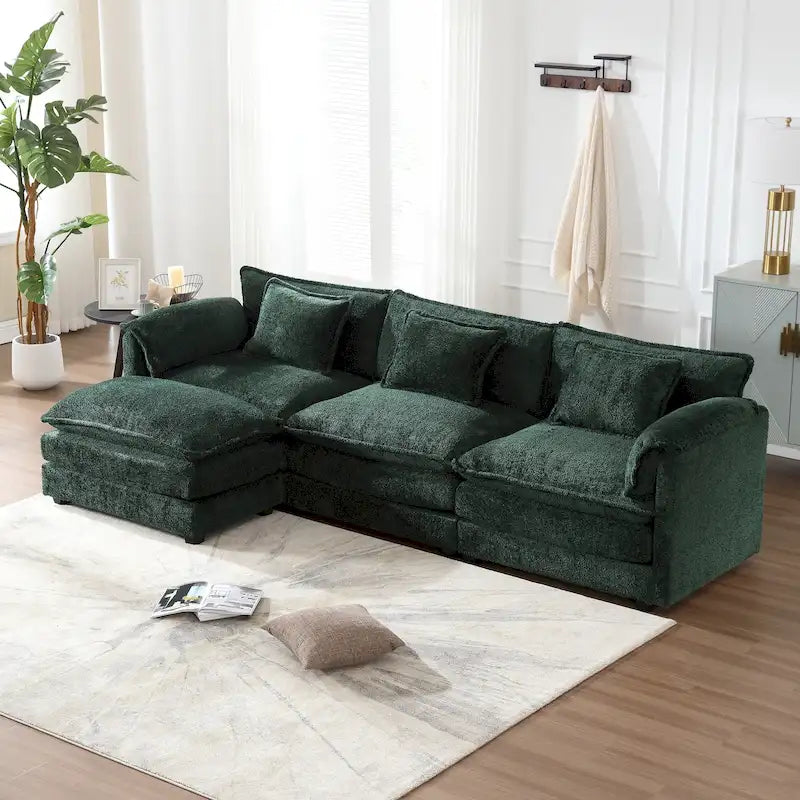Canapé d'angle modulaire trois places surdimensionné et confortable en tissu chenille, en forme de L