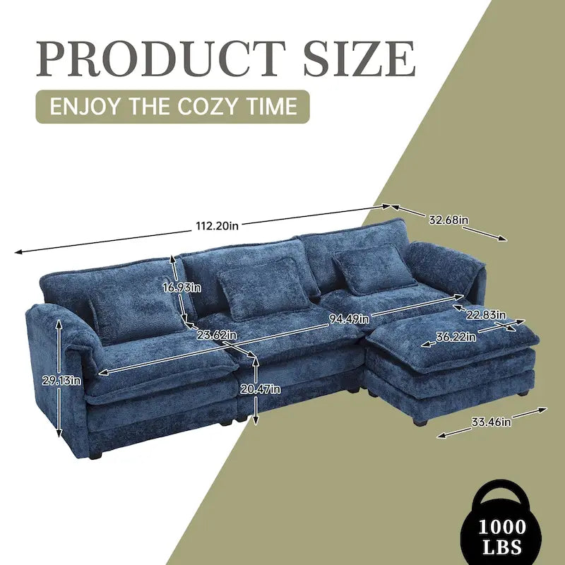 Canapé d'angle modulaire trois places surdimensionné et confortable en tissu chenille, en forme de L
