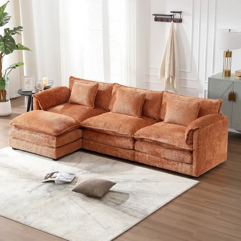 Canapé d'angle modulaire trois places surdimensionné et confortable en tissu chenille, en forme de L