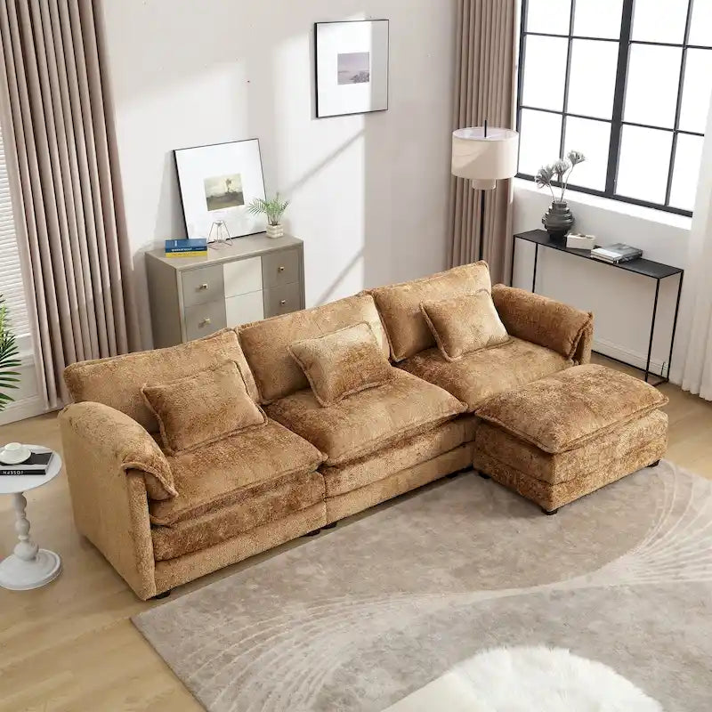 Canapé d'angle modulaire trois places surdimensionné et confortable en tissu chenille, en forme de L