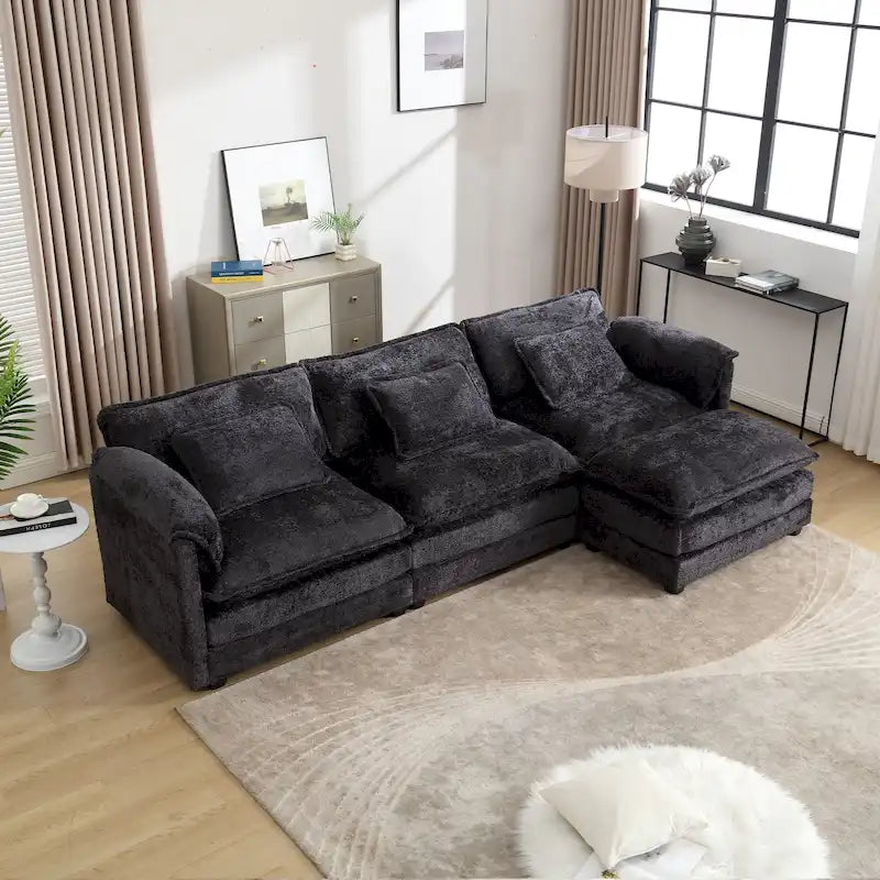 Canapé d'angle modulaire trois places surdimensionné et confortable en tissu chenille, en forme de L