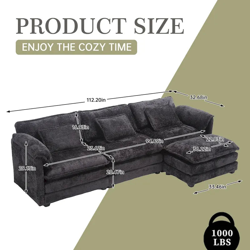 Canapé d'angle modulaire trois places surdimensionné et confortable en tissu chenille, en forme de L