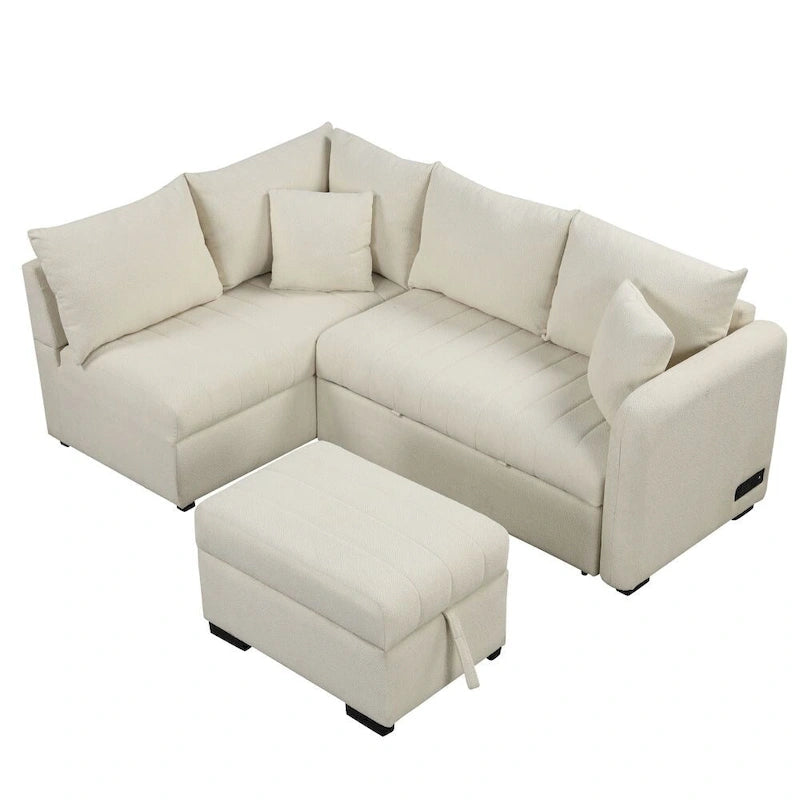 Canapé-lit d'angle en forme de L de 82,6 cm avec deux ports USB, deux prises électriques et un pouf de rangement amovible