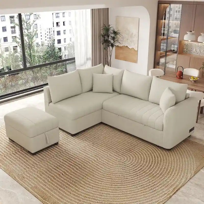 Canapé-lit d'angle en forme de L de 82,6 cm avec deux ports USB, deux prises électriques et un pouf de rangement amovible