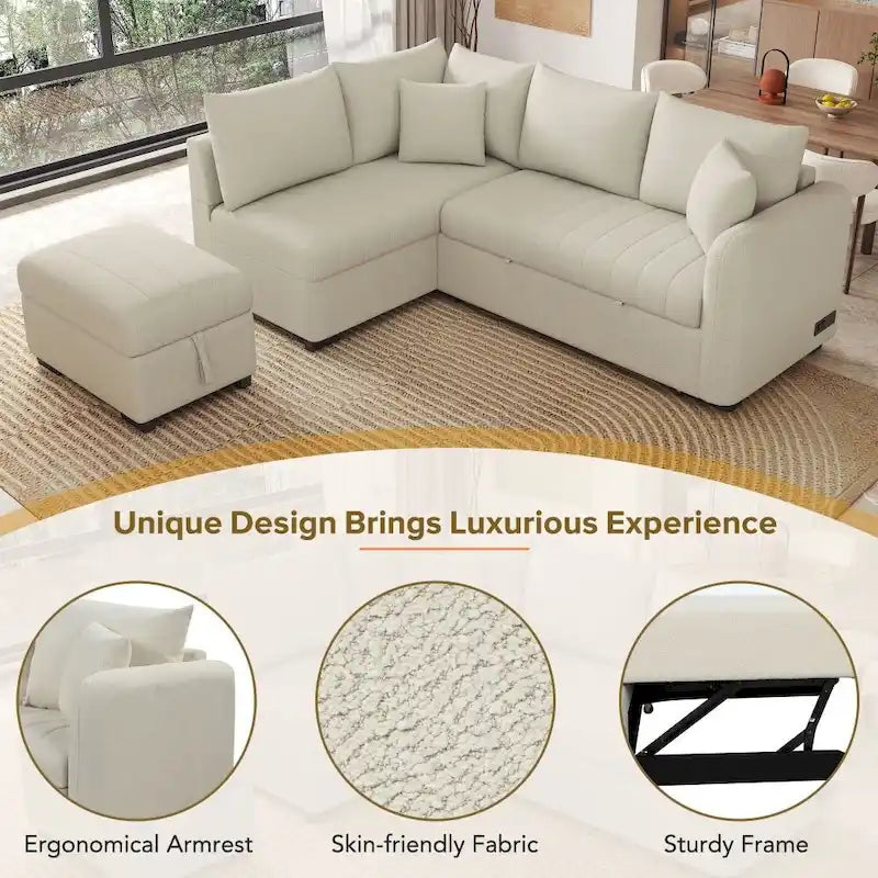 Canapé-lit d'angle en forme de L de 82,6 cm avec deux ports USB, deux prises électriques et un pouf de rangement amovible