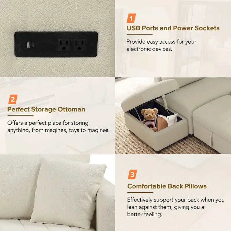 Canapé-lit d'angle en forme de L de 82,6 cm avec deux ports USB, deux prises électriques et un pouf de rangement amovible