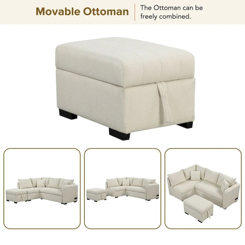 Canapé-lit d'angle en forme de L de 82,6 cm avec deux ports USB, deux prises électriques et un pouf de rangement amovible
