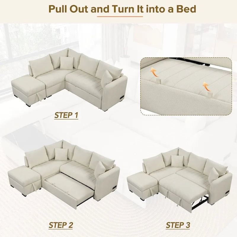 Canapé-lit d'angle en forme de L de 82,6 cm avec deux ports USB, deux prises électriques et un pouf de rangement amovible