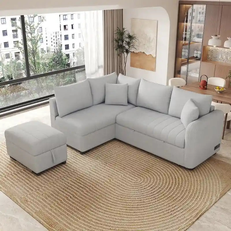Canapé-lit d'angle en forme de L de 82,6 cm avec deux ports USB, deux prises électriques et un pouf de rangement amovible