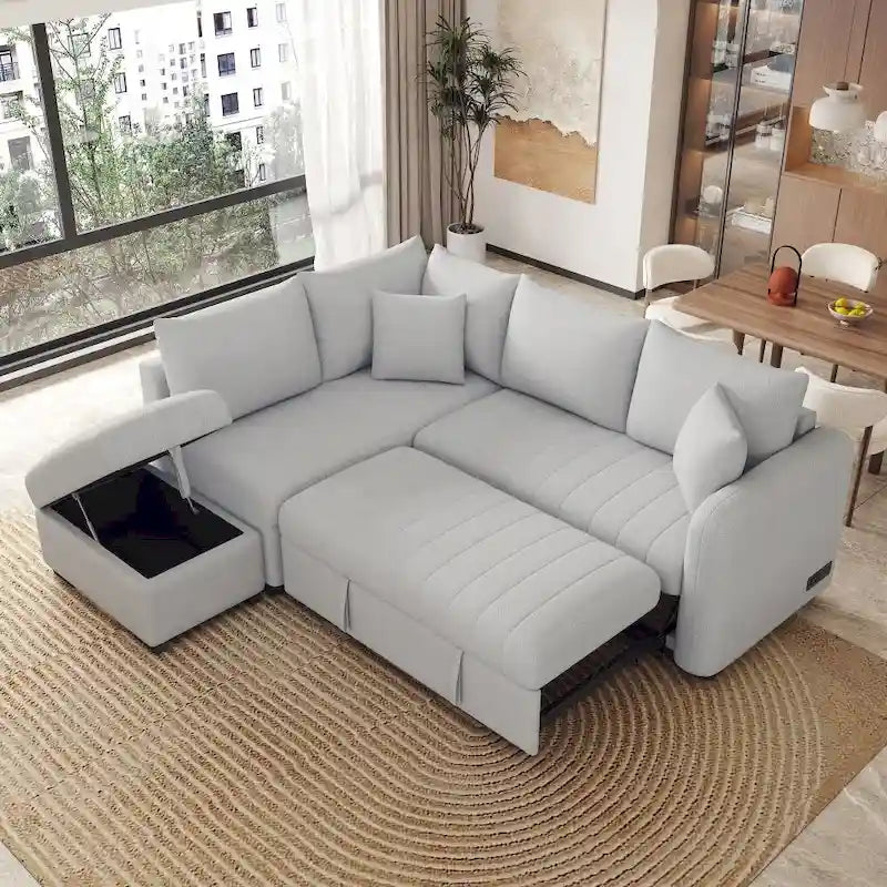 Canapé-lit d'angle en forme de L de 82,6 cm avec deux ports USB, deux prises électriques et un pouf de rangement amovible