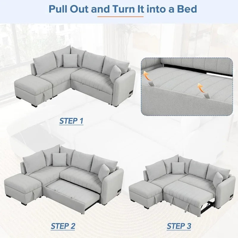 Canapé-lit d'angle en forme de L de 82,6 cm avec deux ports USB, deux prises électriques et un pouf de rangement amovible