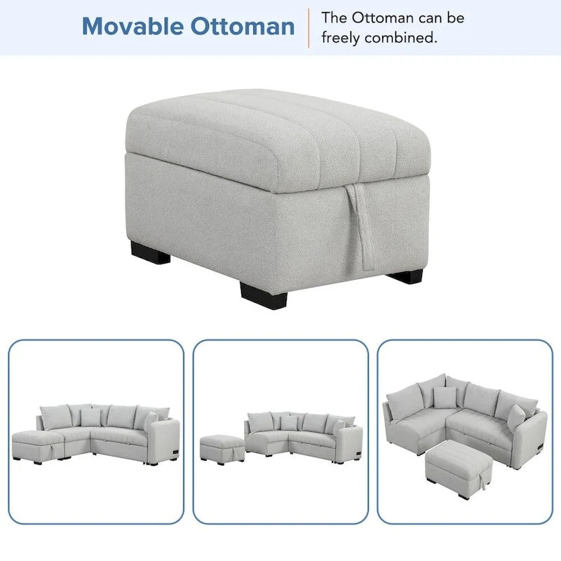 Canapé-lit d'angle en forme de L de 82,6 cm avec deux ports USB, deux prises électriques et un pouf de rangement amovible