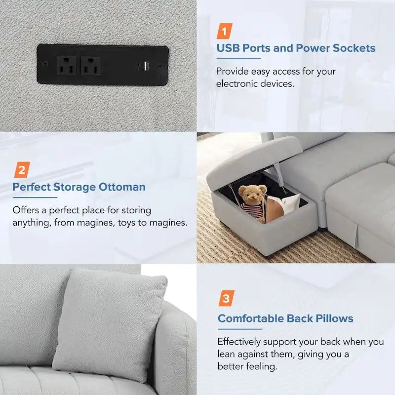Canapé-lit d'angle en forme de L de 82,6 cm avec deux ports USB, deux prises électriques et un pouf de rangement amovible