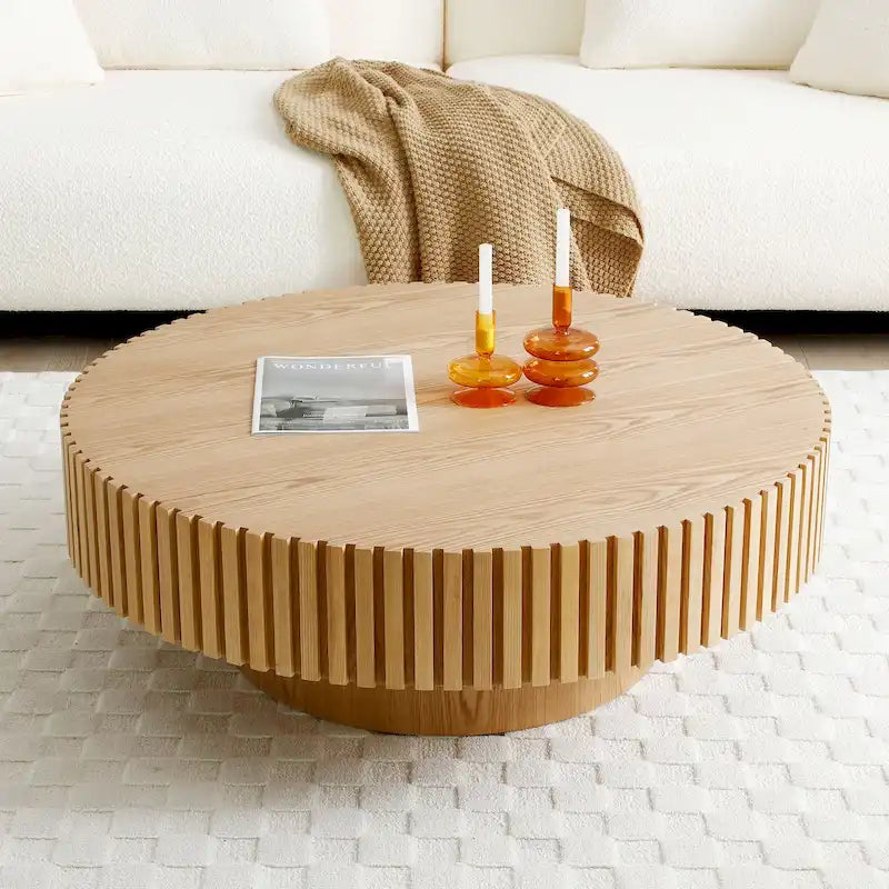 Table basse ronde moderne en noyer noir avec pied robuste, non assemblée