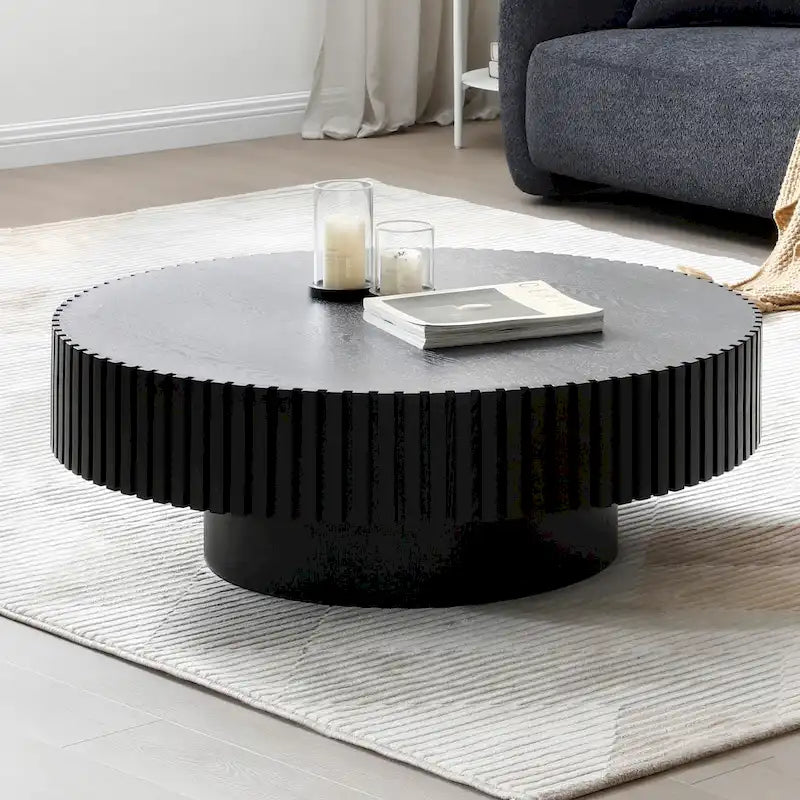 Table basse ronde moderne en noyer noir avec pied robuste, non assemblée