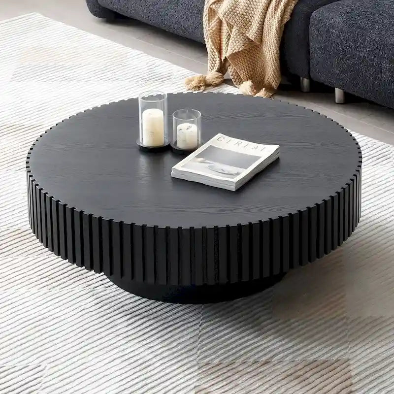 Table basse ronde moderne en noyer noir avec pied robuste, non assemblée