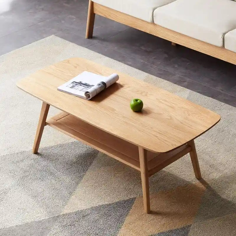 Table basse rectangulaire à deux niveaux en bois massif naturel Grondin Nordic avec étagère