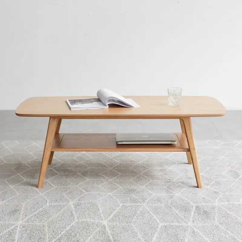 Table basse rectangulaire à deux niveaux en bois massif naturel Grondin Nordic avec étagère